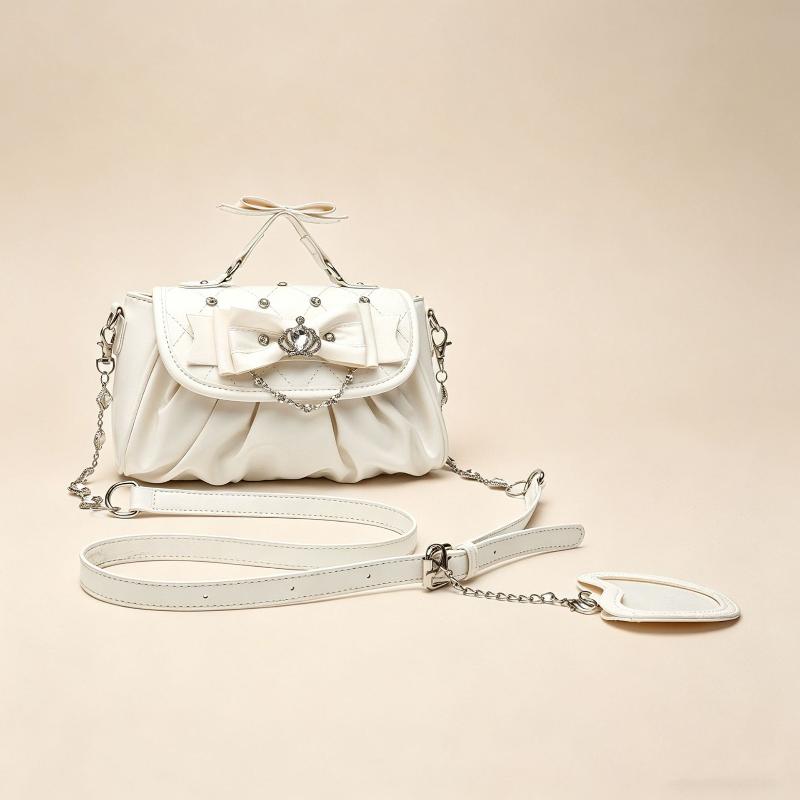 Elegant Pink Bow Rhinestone Underarm Bag Sweet Lolita Pleated Shoulder Bag Portable Bow Handle Handbag Cute Ita Purse