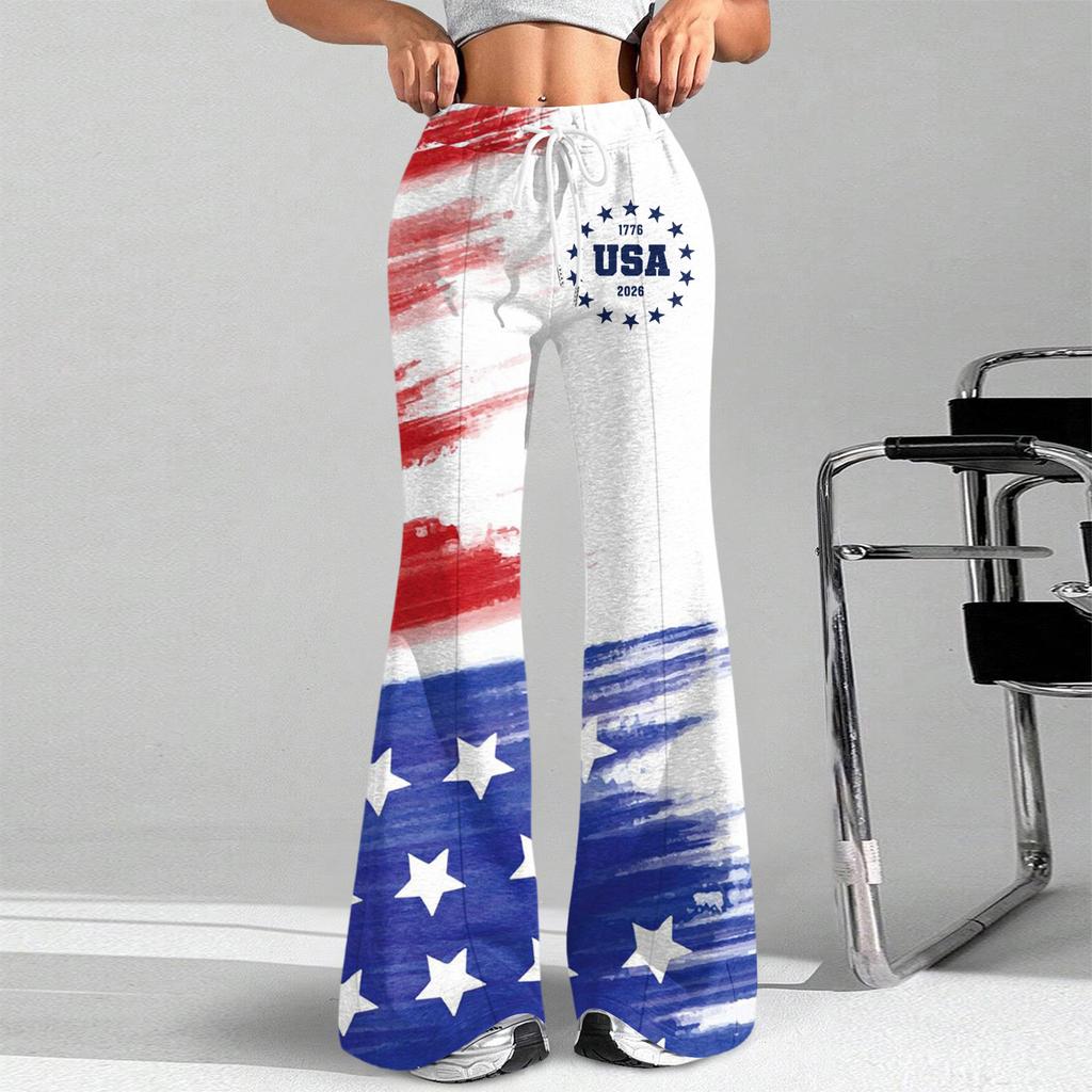 Loose Fit Drawstring Waist Flare Pants with Independence Day Inspired Print We the 250 Years of Casual Style