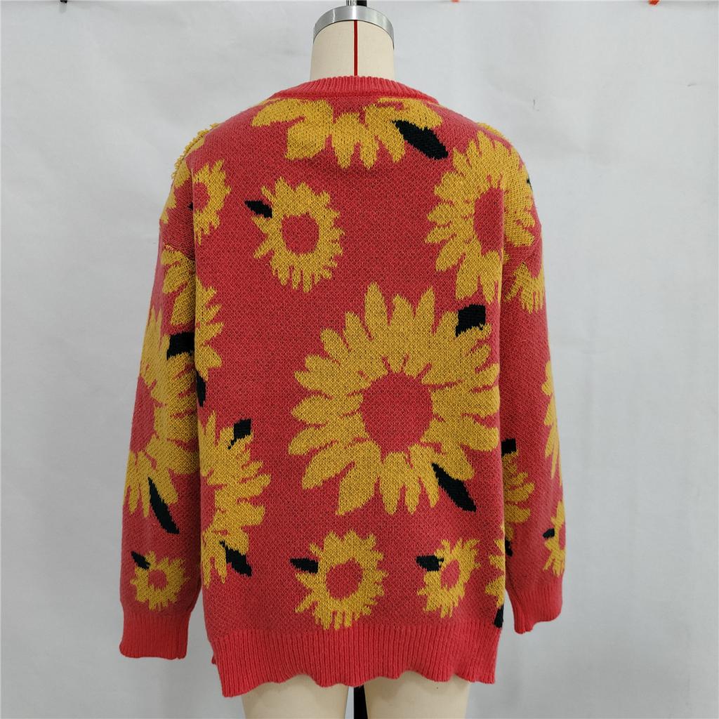Autumn and winter new top sunflower jacquard round neck long sleeved knitted pullover sweater for women 3589