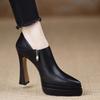 2025 Spring New 11.5cm European and American Waterproof Table Leather Pointed Single Shoes Thick Heel Comfortable Heightening Zipper Black Women