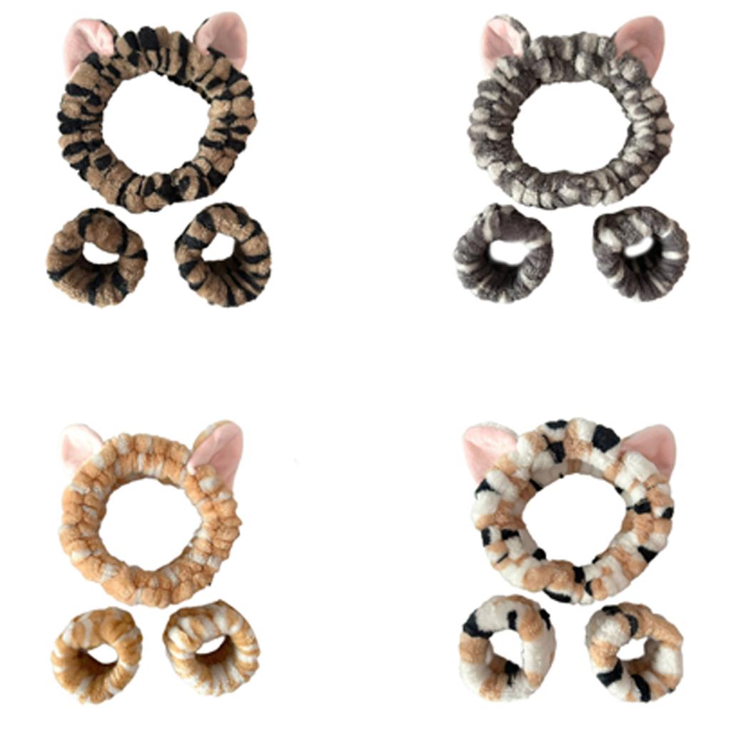 1set Elastic Women Shower Hairband & Wristband Cute Kitten Plush Face Wash Hairband Home Makeup Headband Wristband