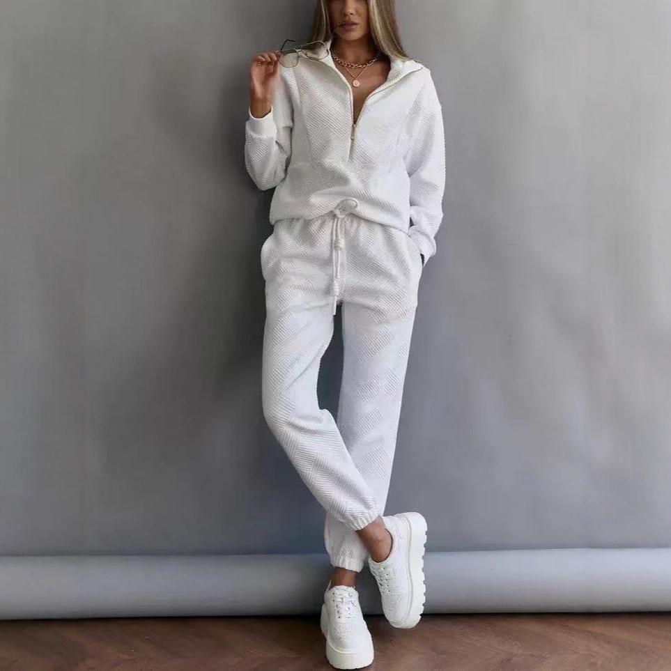 European & American Casual Women's Long-Sleeved Half-Zip Top with Tie-Up Pants Set
