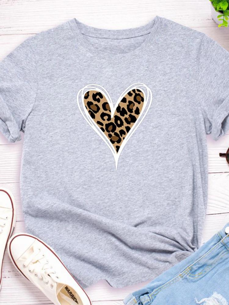 Leopard Heart Print Women T Shirt Short Sleeve O Neck Loose Women Tshirt Ladies Fashion Tee Shirt Tops Clothes Camisetas Mujer