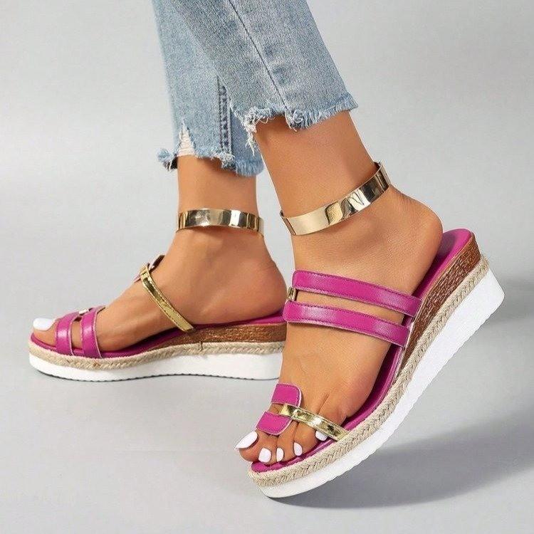 Fashion Ankle Strap Sandals for Women Casual Wedges Mid Heels Shoes for Women Solid Leather Slip On Summer Shoes Plus Size