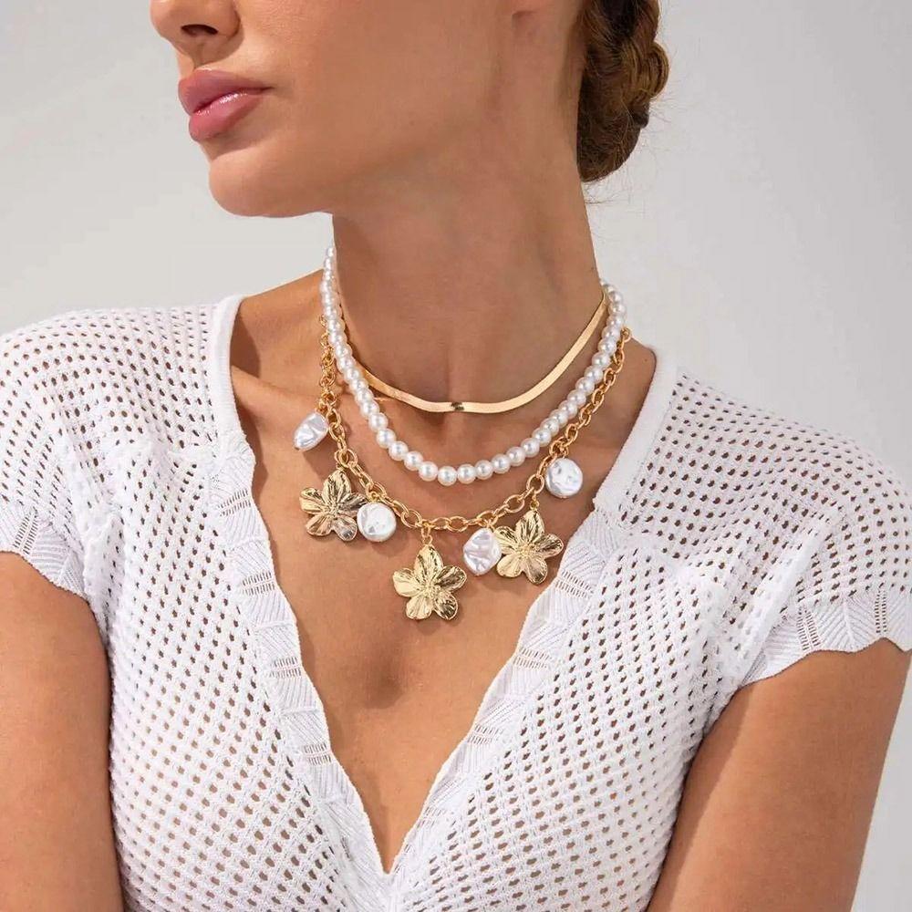 Imitation Pearl Imitation Pearl Snake Chain Choker Flower Clavicle Chain  Jewelry Accessories