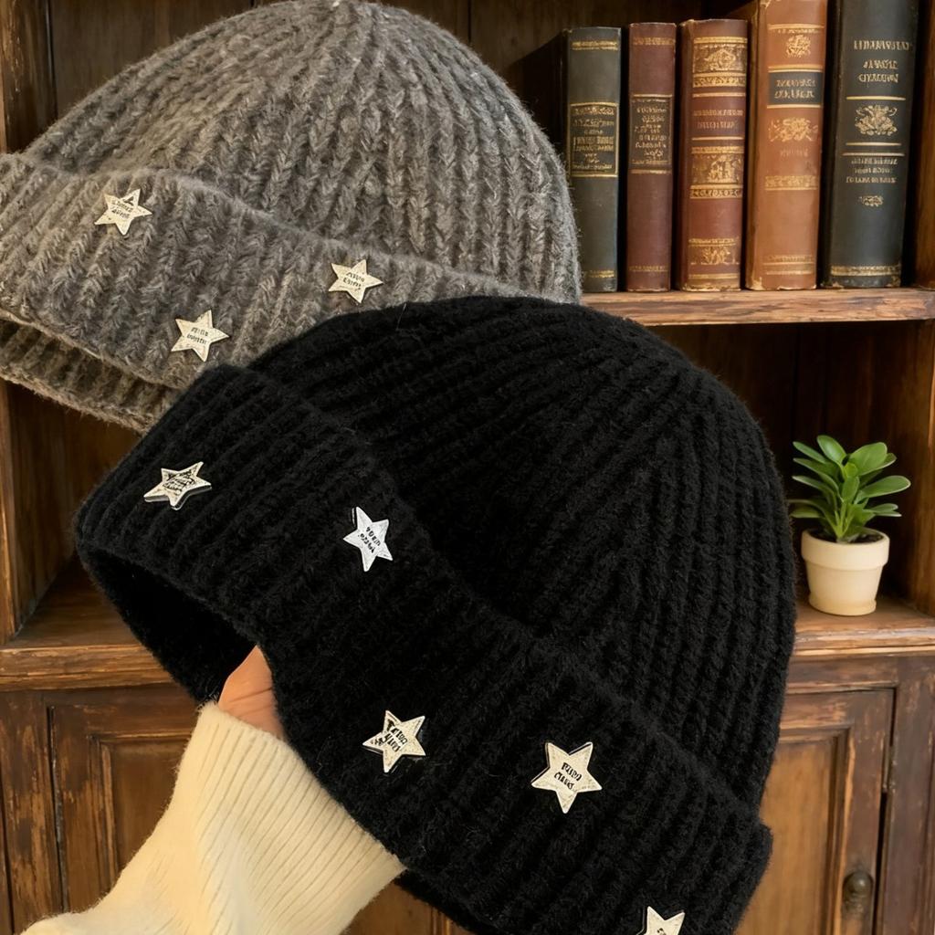 New hat women's winter fashion star knitted pullover hat big head circumference versatile face small wool hat tide