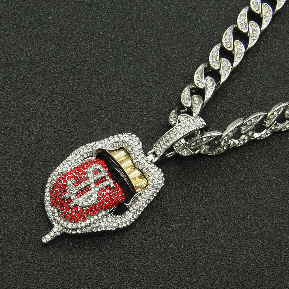 Full Diamond Three-dimensional Dollar Tongue Cuban Chain, Hip-hop Rap Pendant, Eu and American Hipster Decoration Exaggerated Cuban Chain Necklace