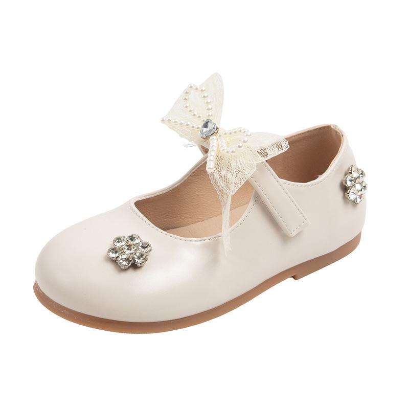 Girls leather shoes 2025 autumn new girls bow crystal princess shoes fashion children soft sole casual shoes