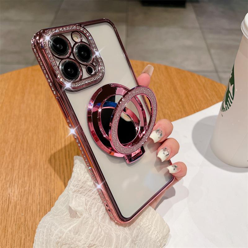 Applicable To iPhone17ProMax Electroplated Rhinestone Mobile Phone Case Apple 16Pro Mirror 15 Magnetic Suction Bracket 14 Sets