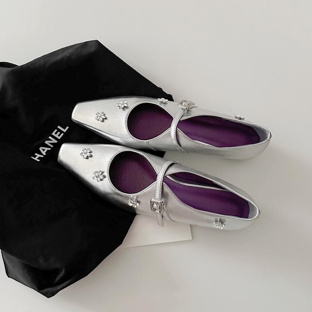 Schafslederversion~ Französische Strassblume Innenhöhenerhöhung kleiner quadratischer Kopf leichter Mund einzelne Schuhe Damenwort mit silbernen Mary Jane Schuhen