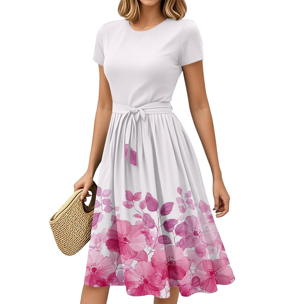 Women's Fashion Casual Belt Short Sleeve Round Neck Geometric Printing Splicing Elegant Temperament Dresses