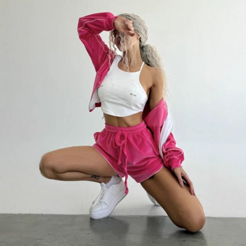 Casual Women's Velvet Color Blocking Line Pockets Long-sleeved Cardigan Coat Shorts Two-piece Set
