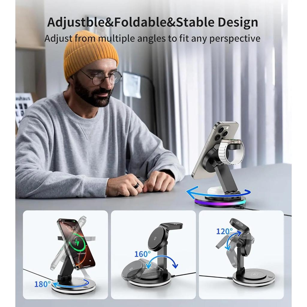 Magnetic Wireless Charging Station for iPhone 16 15 14 Foldable Rotating Light Adjustment 3-in-1 15W Fast Mag-Safe Charger Stand