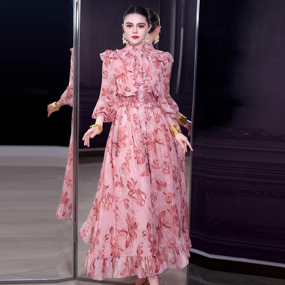 

Stand Collar Long Sleeve Ruffle Waist Courtly Light Skirt - Spring 2026 Women s Collection XL рожевий