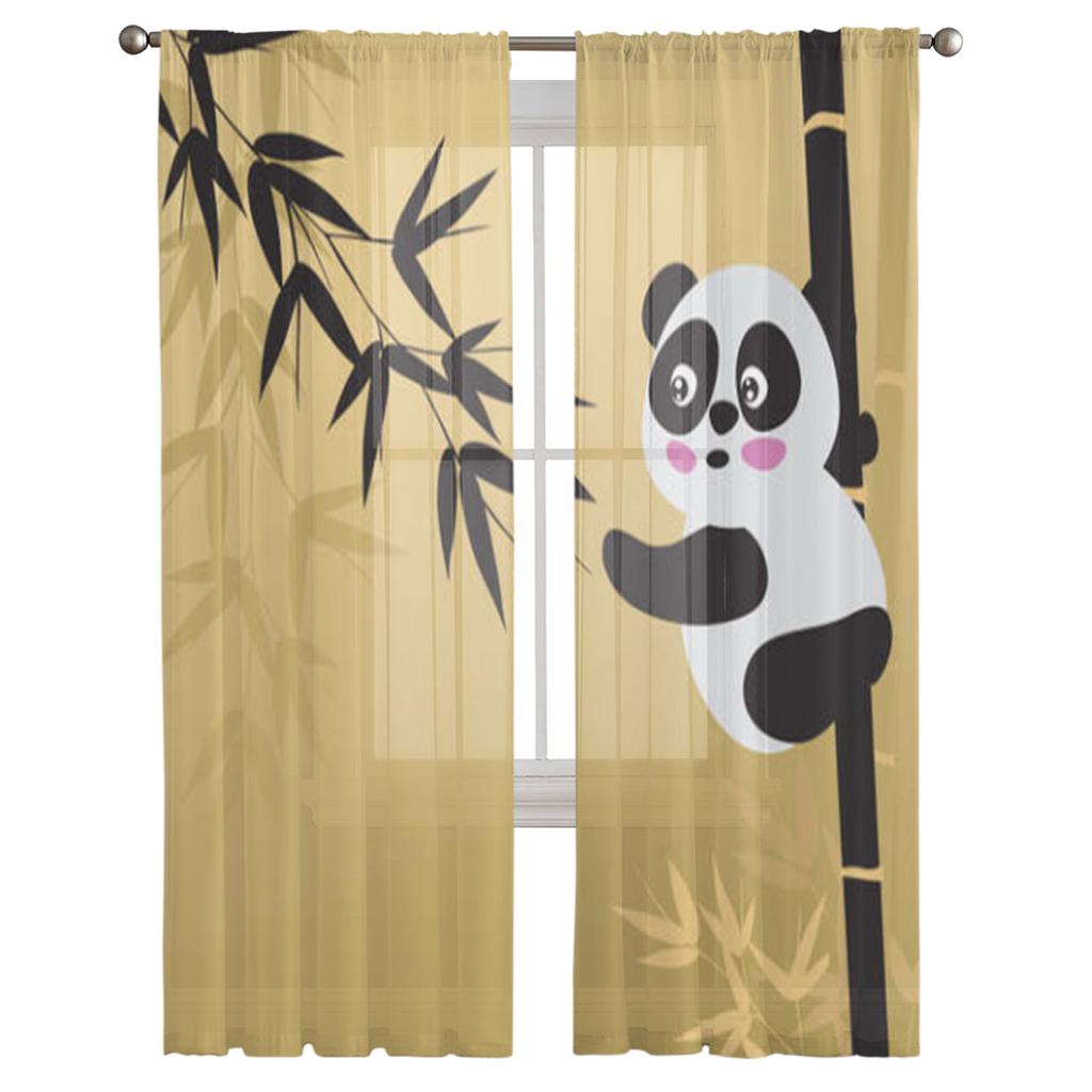 Cartoon Niedlicher Panda Bambus Retro Transparente Vorhänge Für Wohnzimmer Schlafzimmer Tüllvorhänge Küchenfensterdekorationen Paneel Vorhänge