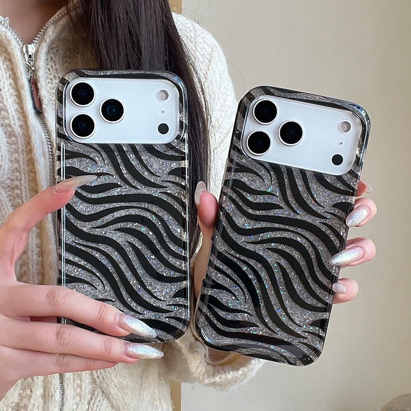 Bling Glitter Zebra Stripes Print Shiny IMD Back Cover For iPhone 13 14 15 16 17 Pro Max Phone Case