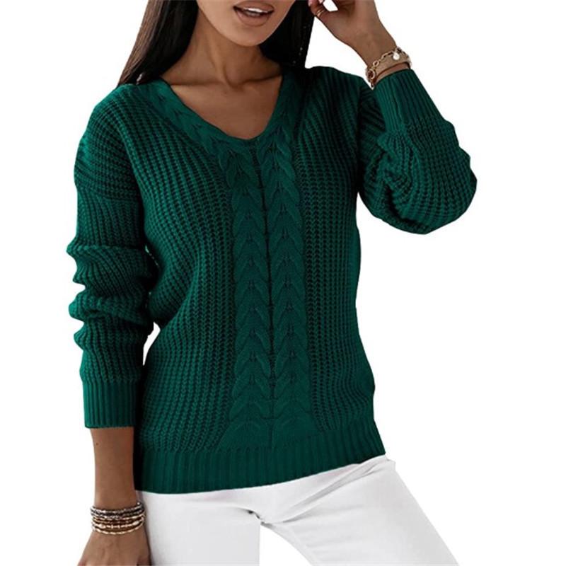 European & American Women's V-Neck Cable Knit Sweater - Long Sleeve Solid Color Casual Pullover Top