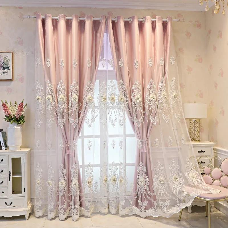 Curtain European Style Double-layer Thickened Curtain Shading Yarn Living Room Bedroom Home Embroidered Double-opening Sunshade Curtain Rod