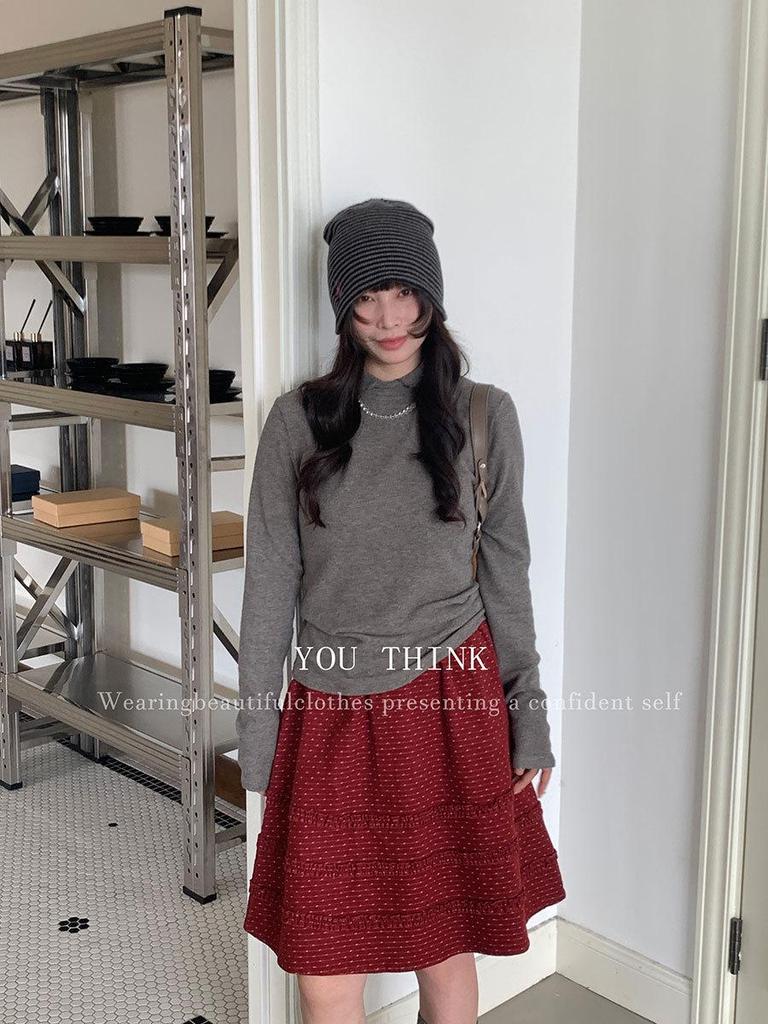 Winter Korean Patchwork Lace Polka Dot Midi Skirt for Women