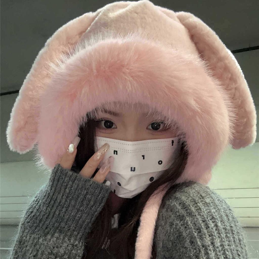 Korean Style Sweet and Cute Autumn and Winter Long Ear Rabbit Hooded Hat To Prevent Cold Student Girls Warm Ear Protecting Hat To Show Small Face