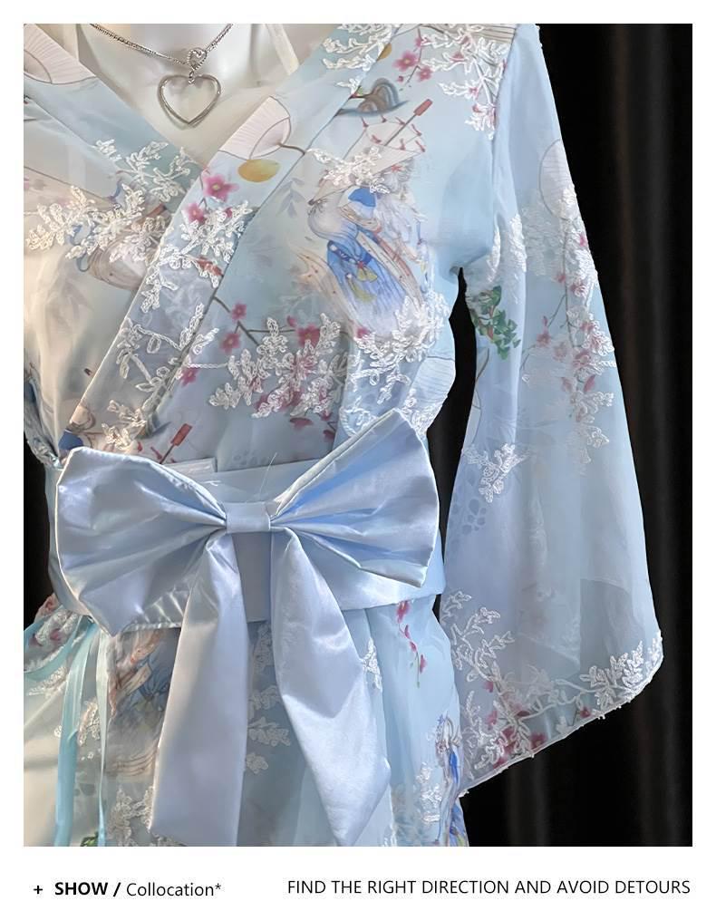 Elegant Japanese Chiffon Kimono Nightgown with Bow Embroidery