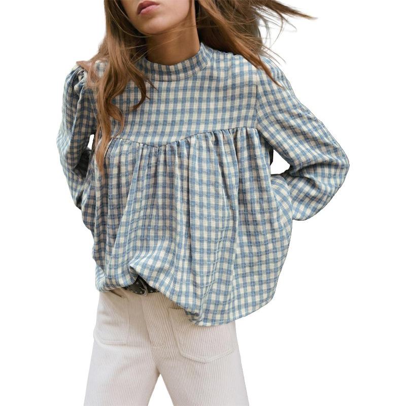 JKASHDK Women's Fashion Casual Spring Autumn Plaid Print Long Sleeve Half Turtleneck Blouses & Shirts