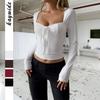Crop top à manches longues en dentelle pour femme, col carré à nouer