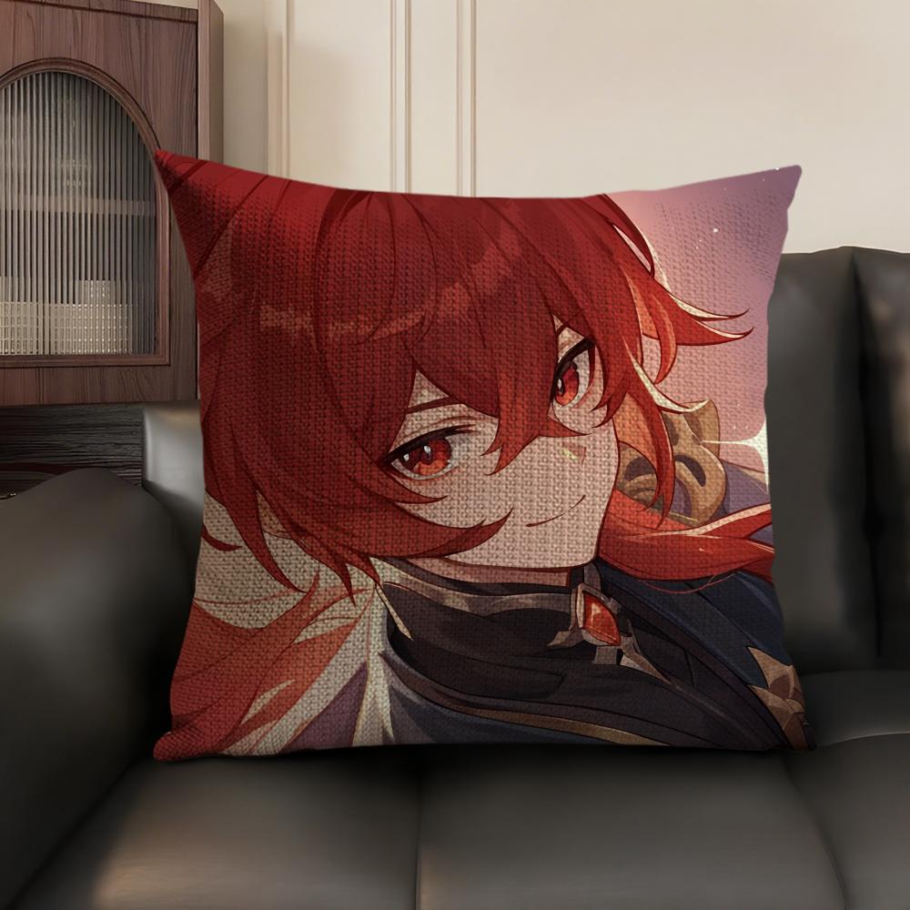 Diluc Cute Genshin Impact Cushion Cover Natural Linen Organic Fabric DoubleSided Printing Sofa Home Decor Gift Pillow Case