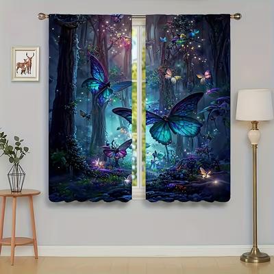 2 Magic Forest Curtains Butterfly Pattern Magical Style Living Room and Bedroom Decoration with Pole Bag