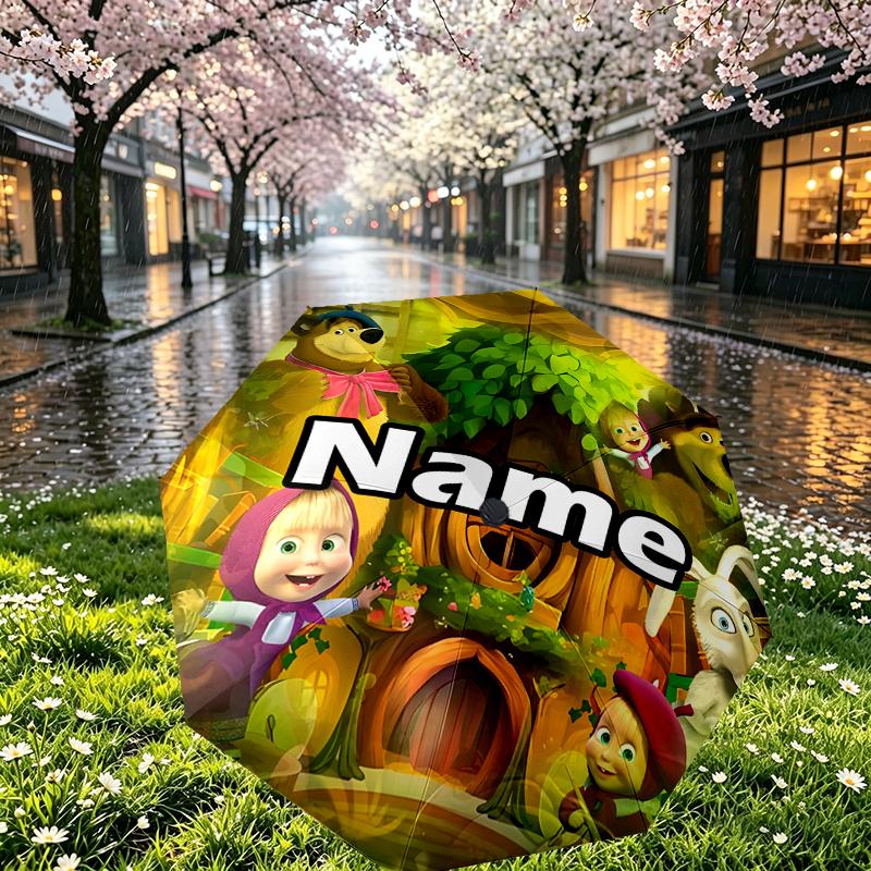 Custom Name Personalized Masha and The Bear Print Umbrella, Auto Open Close, 8‑Rib Sturdy Frame, Commute Camping Hiking Use, Birthday Gift