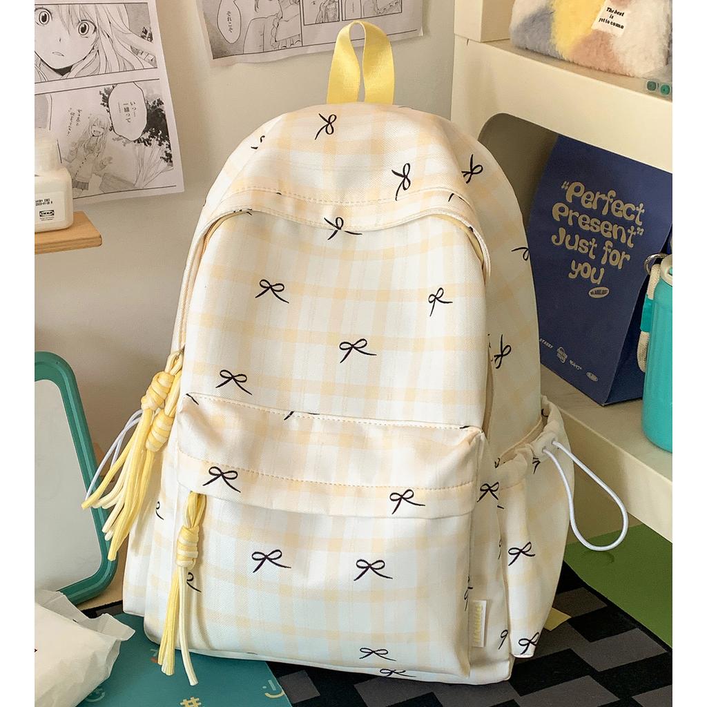 Schoolbag Spring and Summer Small Fresh Plaid Student Schoolbag Large Capacity Cute Bow Printing New High Value Backpack