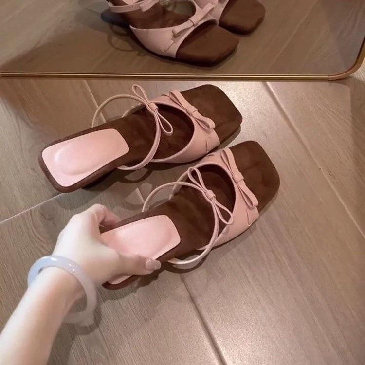 

One word with wedge sandals women s 2025 summer new women s shoes retro bow with skirt and high-heeled slippers 40 розовый