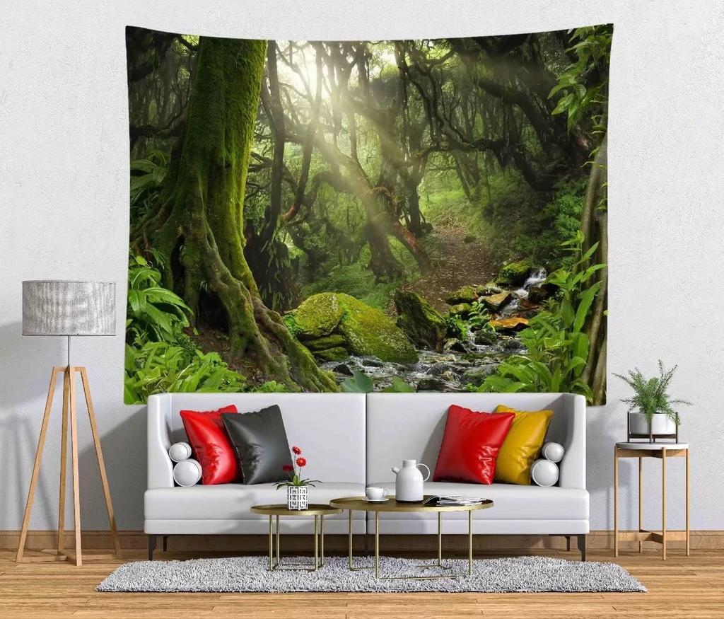 Grüner Wald Wandteppich Kulisse Kleiner Wasserfall Wandteppich Naturlandschaft Fluss Bach Wandbehang Waldlandschaft Wandteppich