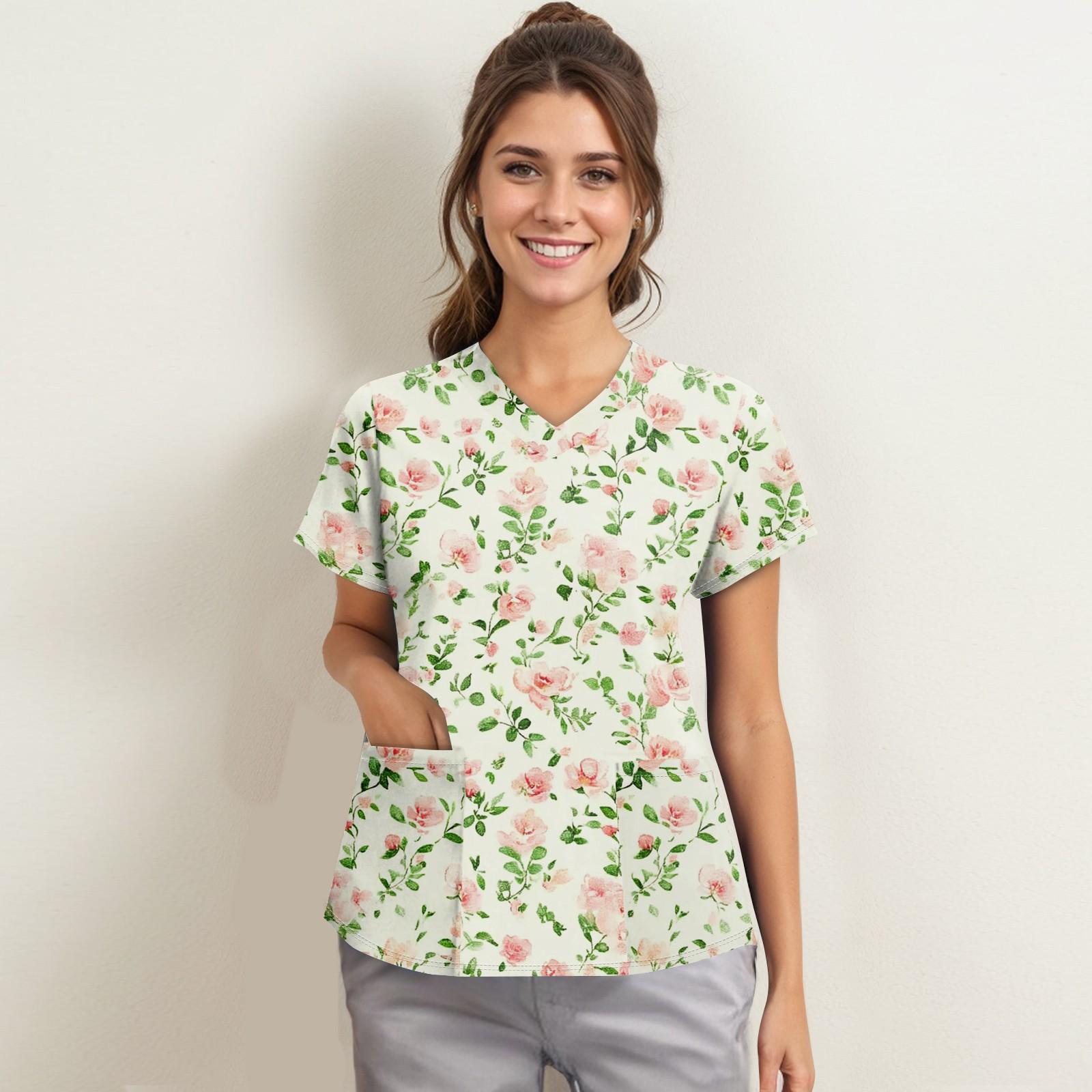 

Женская мода с v-образным вырезом, короткими рукавами и карманами, топы с принтом L