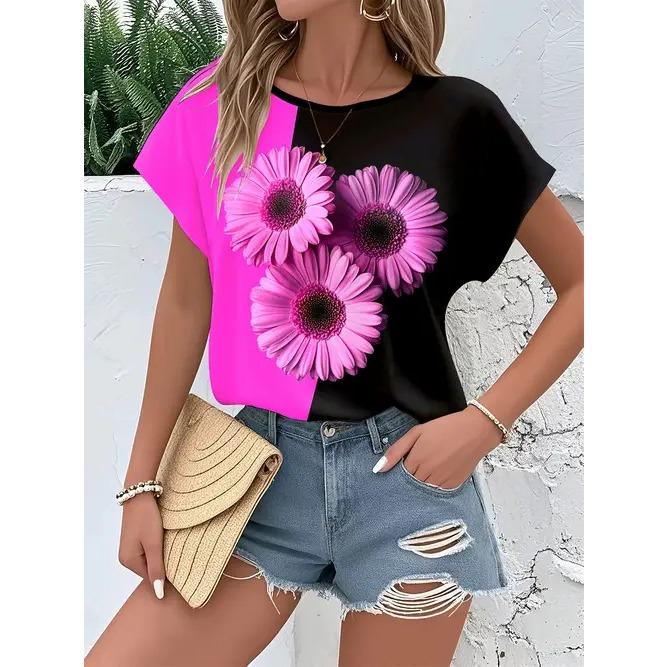 

Летний топ с круглым вырезом, с цветочным узором и бабочками, с 3D-принтом, модная повседневная женская футболка с коротким рукавом XS