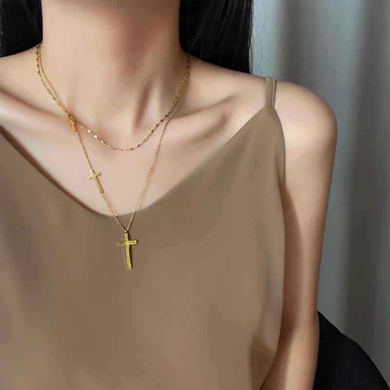316L Stainless Steel Luxury Cross Pendant Necklaces Choker For Women Double Stacked Wear Fine Necklace For Women Jewelry Gift