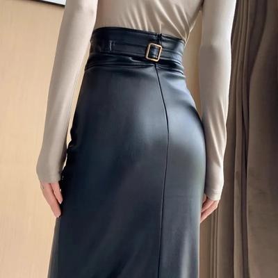 Dames Koreaanse Sexy Elegante Pu Leer Rok Zwart Slank Hoge Taille Rok Y2K Lente Herfst Split Midi Rok