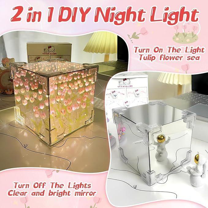 DIY Infinity Mirror Tulip Cube LED Lampa - 20 LED Květinových Světel, Stolní Dekorace a Zrcadlo Dvojího Účelu | Dárky pro Ženu | Valentýnský Dárek