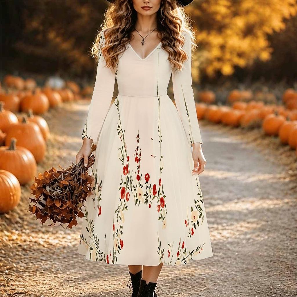 Halloween Women's Flower Print Midi Dress A Line Dress Vacation Casual Daily Regular Fit Long Sleeve V Neck Black Spring Fall