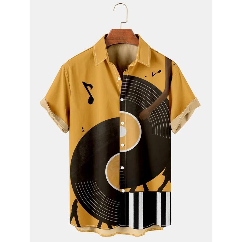 Men's Casual Shirt 3D Music Note Printed Hawaiian Men's Short Sleeve Lining