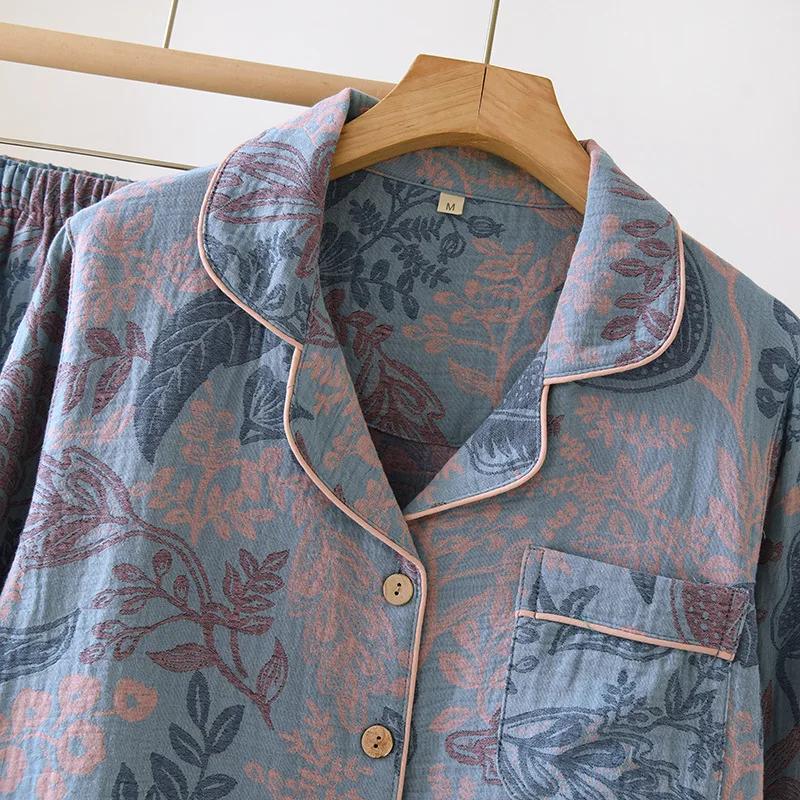 Color Woven Cotton Women's Home Clothes Retro Style Long Sleeve Long Trousers 2 Pcs Pajamas Thin Pijamas Women Clothing Set