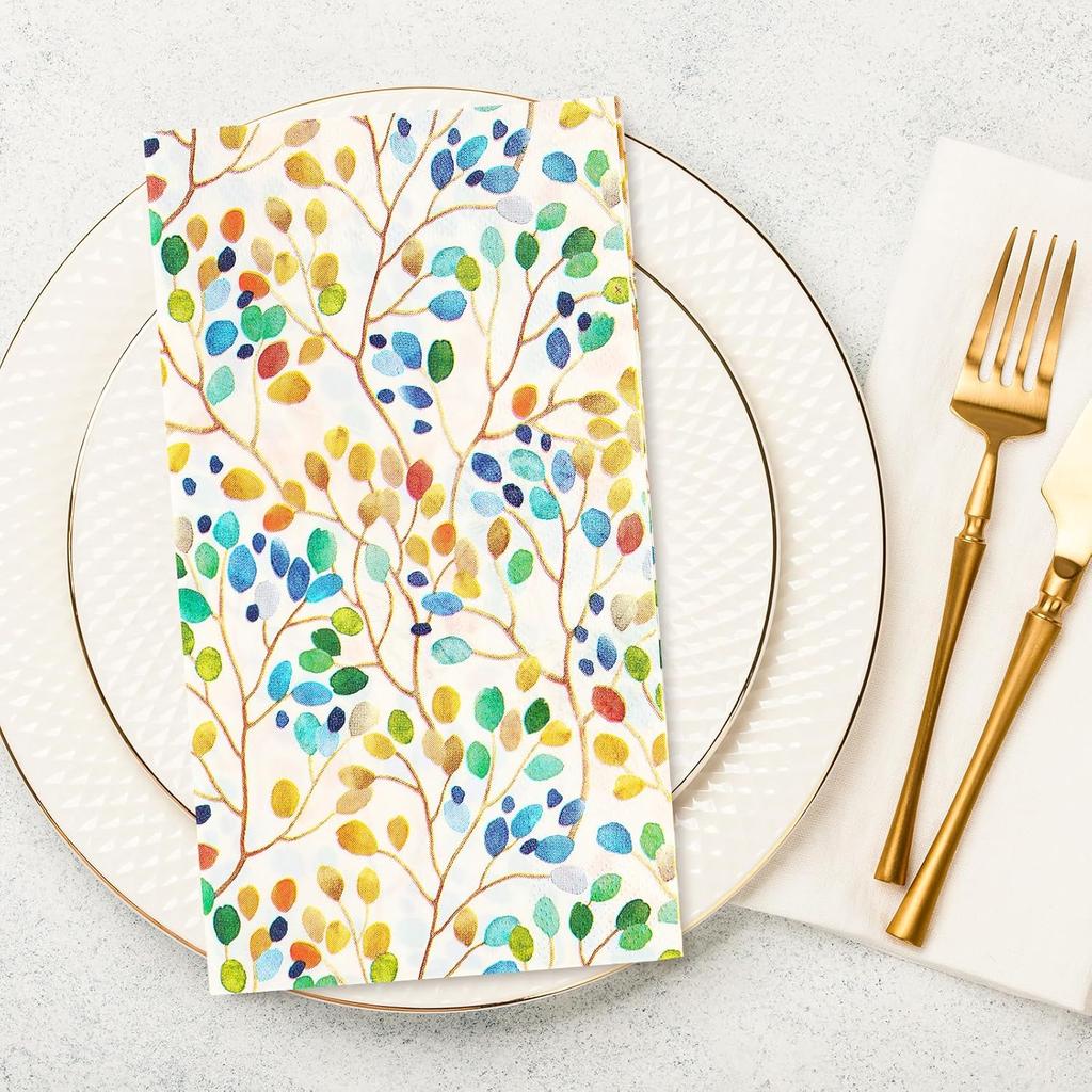 AnyDesign 100Pcs Colorful Leaves Guest Napkins Watercolor Leaf Branches Disposable Paper Napkins Dinner Hand Napkin for Home Kitchen Bathroom Holiday