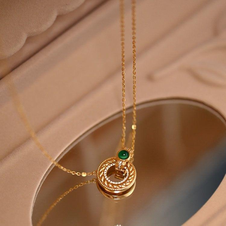 

Matcha Donut Gold-Plated With Green Agate Retro Necklace Twist French Style Pendant Starry Sky Compass