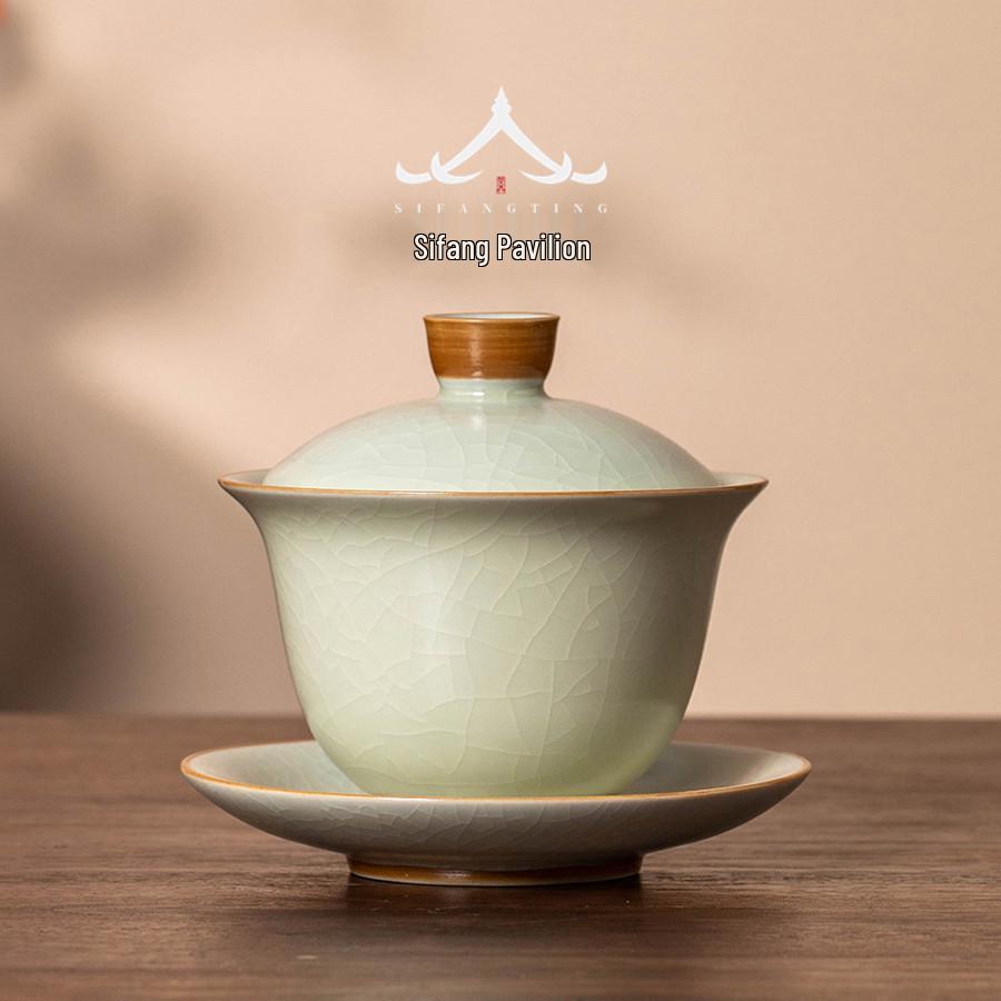 High-End Large Ru Kiln Ceramic Gongfu Tea Set: Three-Piece Lid, Bowl, and Cup.
