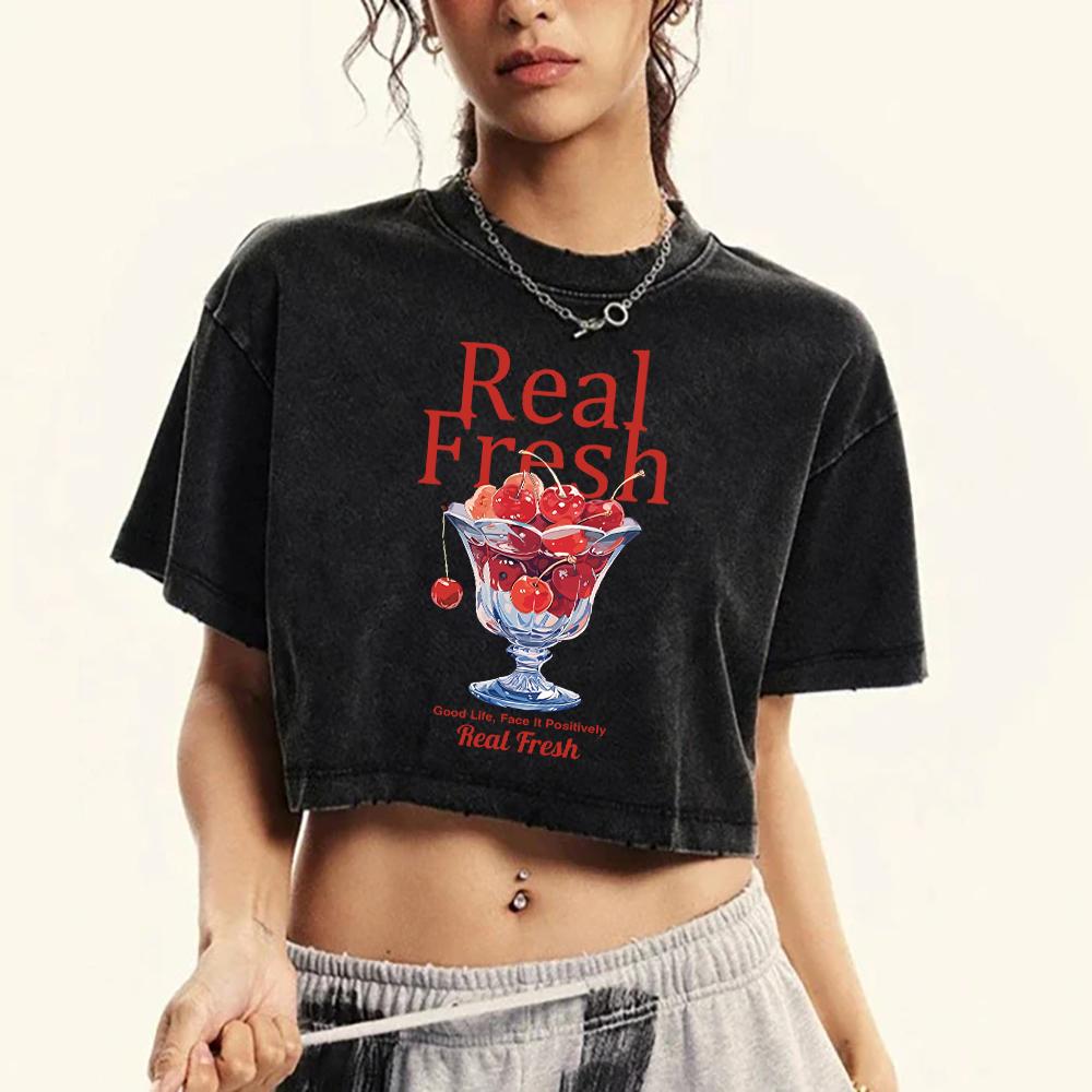 Real Fresh Cherry Fruit Cup Design Print Women Washed T-Shirts Cotton Short Sleeve Fashion Hip Hop Tops Slim T Shirt