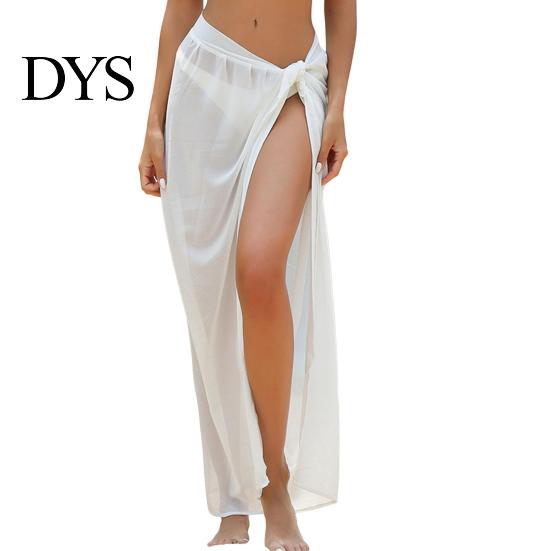 Summer Beach Skirt Women Lace-up Solid Color See-through Thin Flowy Quick-Drying Sun Protection Bikini Cover Up Elastic Waist