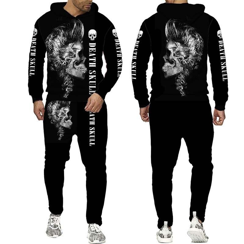 Set de hanorac cu glugă pentru bărbați cu imprimeu 3d punk craniu, haine sportive pentru bărbați, toamnă și iarnă