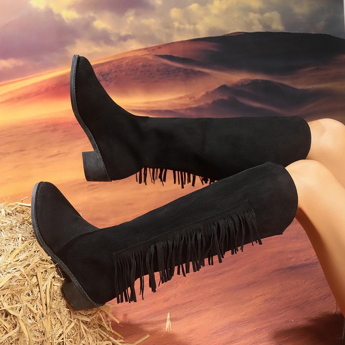 

Women s shoes new retro handmade shoes thick heel high heel, medium boots pointed tassel boots 43 36 чёрный