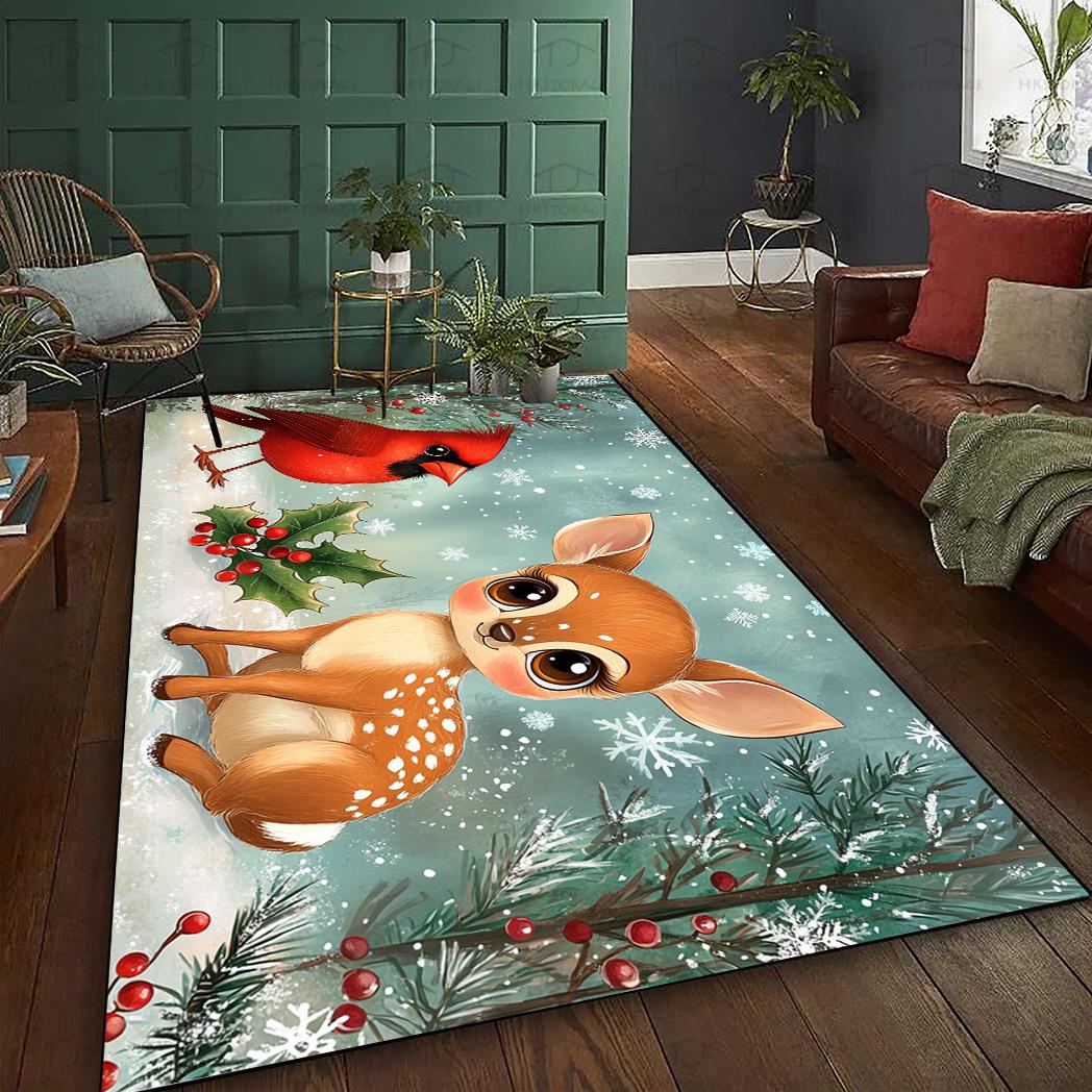 

Cute Deer and Cardinal with Big Eyes Washable Non-slip Polyester Mat Perfect for Living Room Bedroom Patio Deer Home Decoration 60x90(23x35in)