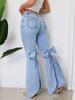 Jeans de Mujer de Cintura Alta Elásticos Decorados con Lazo y Estilo Campana